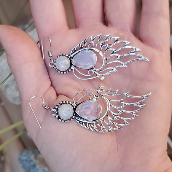 New Opal Opalite & Rainbow Moonstone 925 Silver Wings Earrings. - Picture 7 of 16